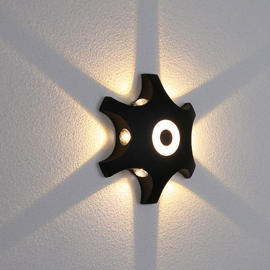 Modern Snowflake Outdoor Led Wall Light- Plastic 6-Bulb Flush Mount Sconce In Black- Warm/White