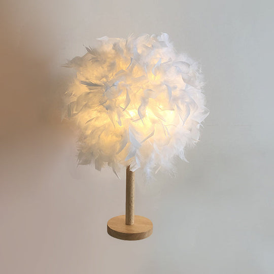 Nordic White Ball Nightstand Lamp With Feather Shade And Wood Base