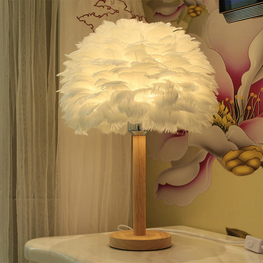 Modern Feather Flower Night Lamp: 1-Light Grey/Blue/Burgundy Wood Table Light For Bedroom