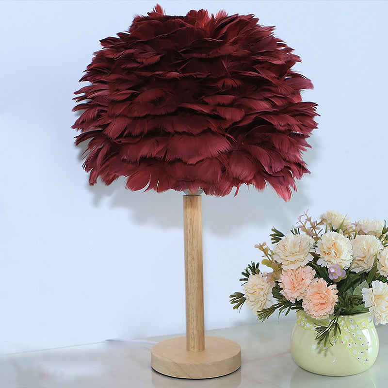 Modern Feather Flower Night Lamp: 1-Light Grey/Blue/Burgundy Wood Table Light For Bedroom Burgundy