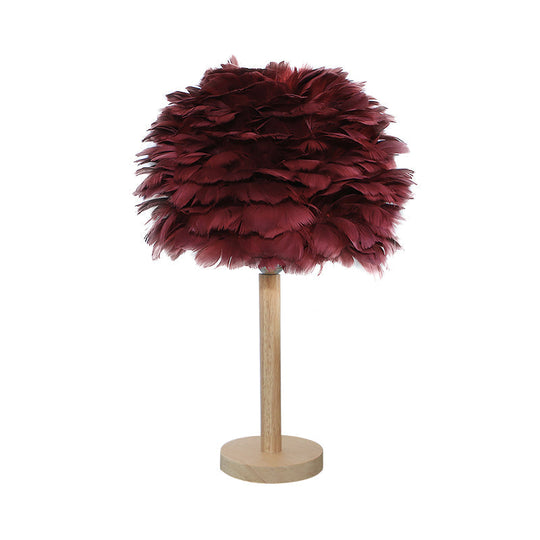 Modern Feather Flower Night Lamp: 1-Light Grey/Blue/Burgundy Wood Table Light For Bedroom