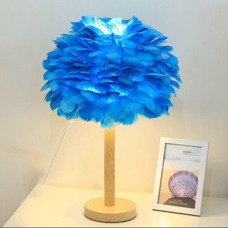 Modern Feather Flower Night Lamp: 1-Light Grey/Blue/Burgundy Wood Table Light For Bedroom