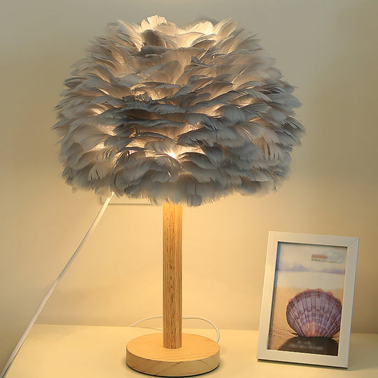 Modern Feather Flower Night Lamp: 1-Light Grey/Blue/Burgundy Wood Table Light For Bedroom