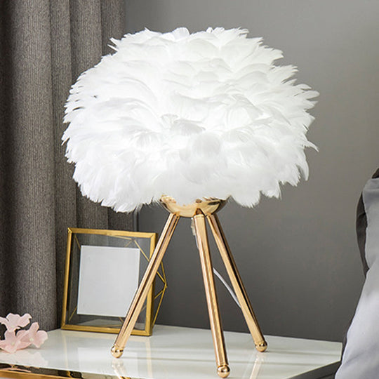 Bloom Nordic Feather Nightstand Lamp - Single White/Pink Table Light With Tripod For Bedroom