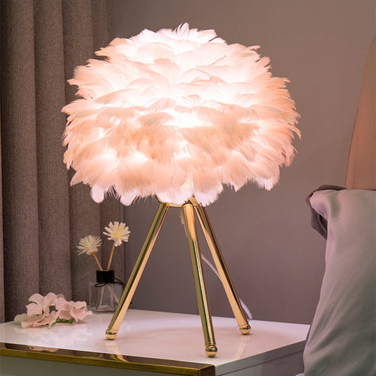 Bloom Nordic Feather Nightstand Lamp - Single White/Pink Table Light With Tripod For Bedroom Gold /