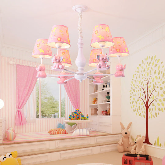 Pink Elephant Ceiling Lamp: Kids Hanging Pendant Light Fixture For Bedroom - 3/5/6/8 Lights Metal