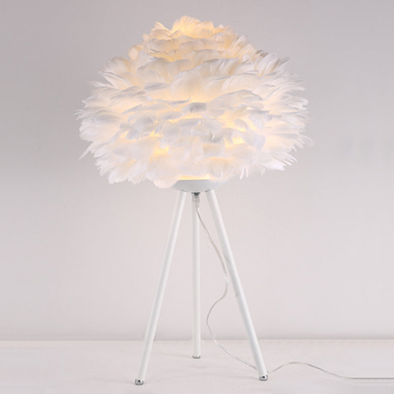 Bloom Nordic Feather Nightstand Lamp - Single White/Pink Table Light With Tripod For Bedroom