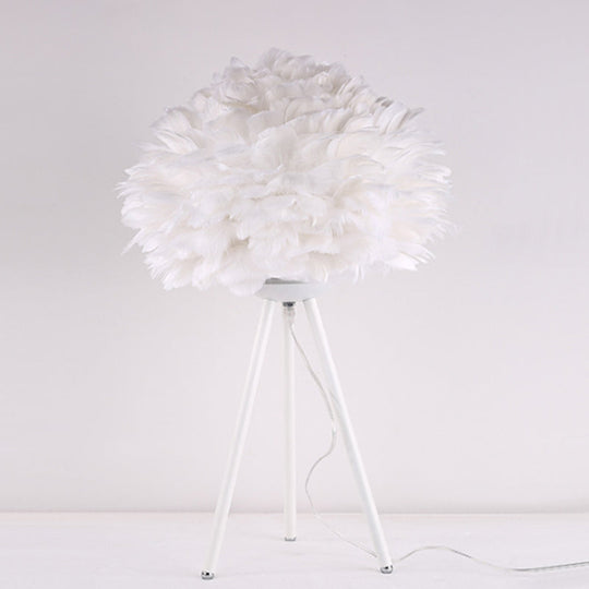 Bloom Nordic Feather Nightstand Lamp - Single White/Pink Table Light With Tripod For Bedroom