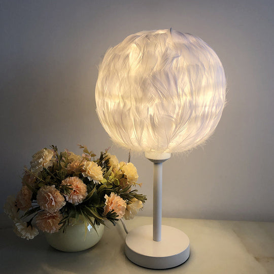 Handmade Nordic Style Feather Sphere Table Light - White/Pink/Rose Red Nightstand Lamp With Plug-In