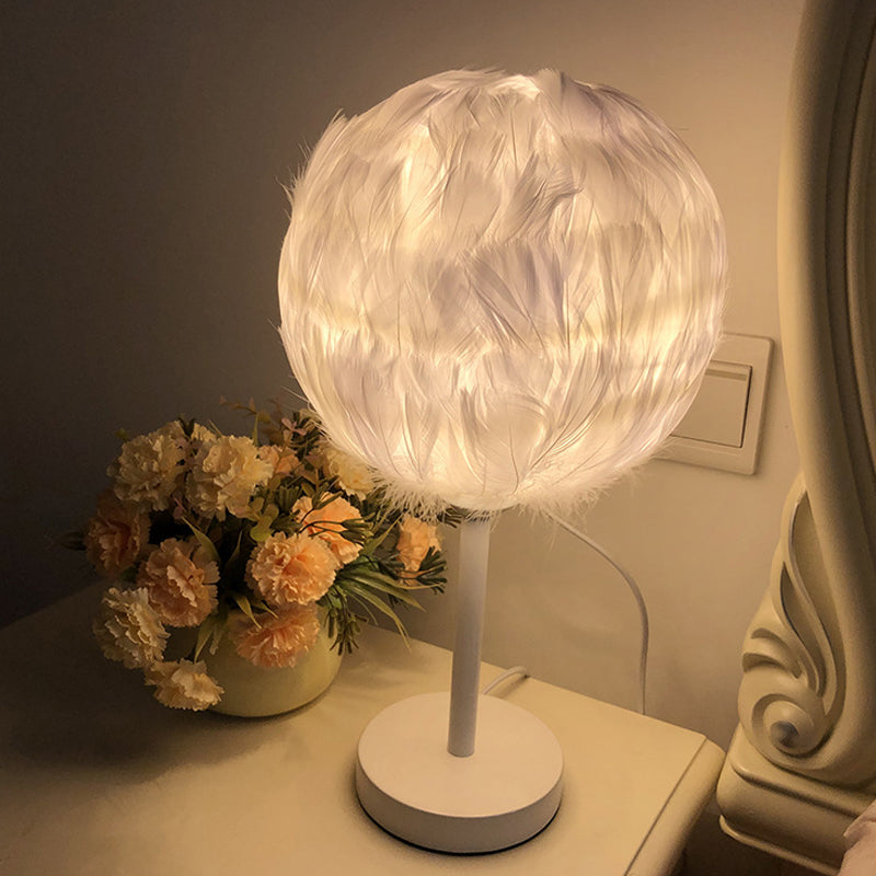 Handmade Nordic Style Feather Sphere Table Light - White/Pink/Rose Red Nightstand Lamp With Plug-In