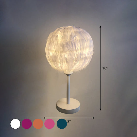 Handmade Nordic Style Feather Sphere Table Light - White/Pink/Rose Red Nightstand Lamp With Plug-In