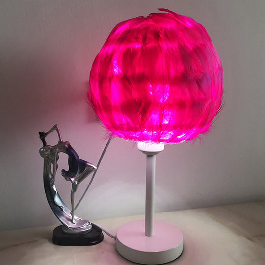 Handmade Nordic Style Feather Sphere Table Light - White/Pink/Rose Red Nightstand Lamp With Plug-In