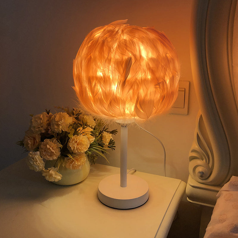 Handmade Nordic Style Feather Sphere Table Light - White/Pink/Rose Red Nightstand Lamp With Plug-In