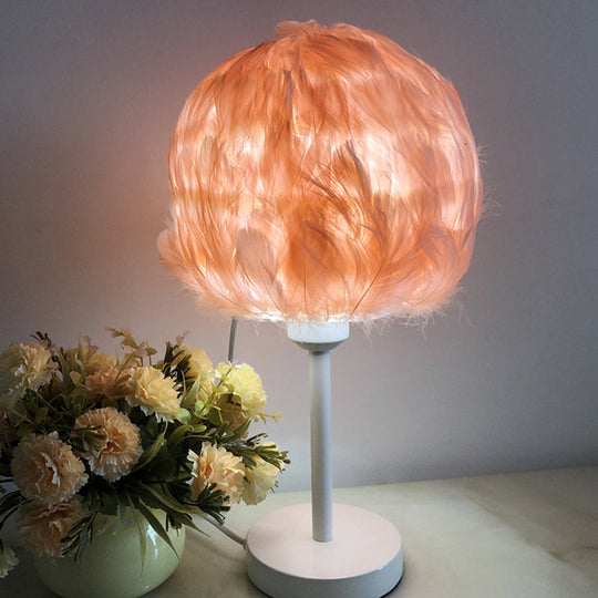 Handmade Nordic Style Feather Sphere Table Light - White/Pink/Rose Red Nightstand Lamp With Plug-In