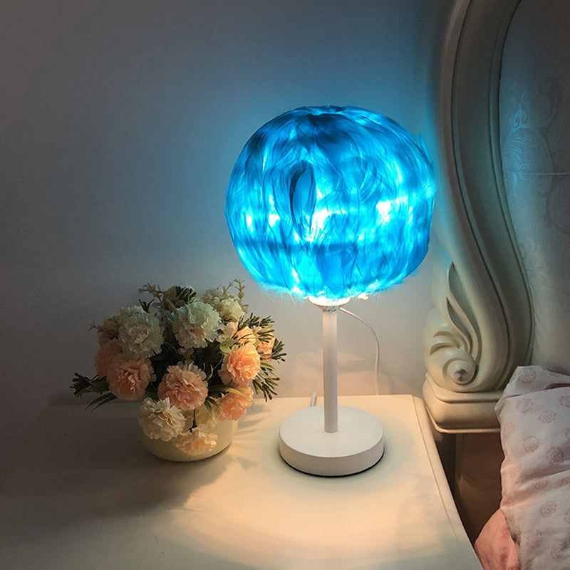 Handmade Nordic Style Feather Sphere Table Light - White/Pink/Rose Red Nightstand Lamp With Plug-In