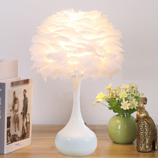 Modern 1-Bulb Goose Feather Night Light Table Lamp - Teardrop Base Natural Grey/White/Pink