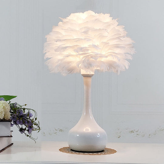 Modern 1-Bulb Goose Feather Night Light Table Lamp - Teardrop Base Natural Grey/White/Pink