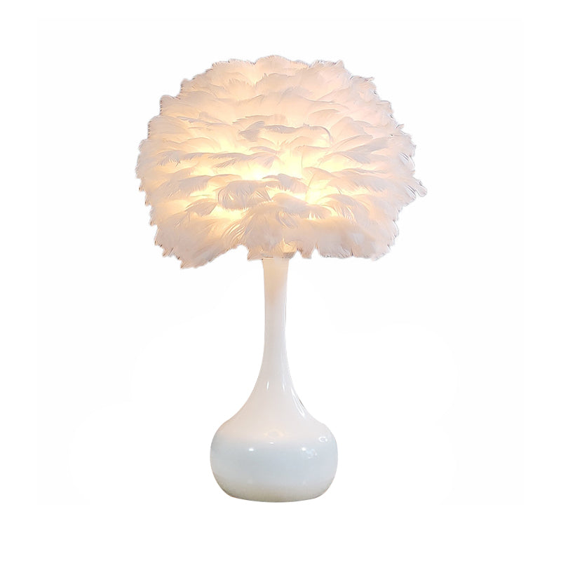 Modern 1-Bulb Goose Feather Night Light Table Lamp - Teardrop Base Natural Grey/White/Pink