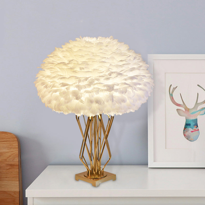 Rasalas - Feather Half-Globe Feather Table Lamp Post-Modern Single White and Brass Night Light with Open Urn Shaped Base