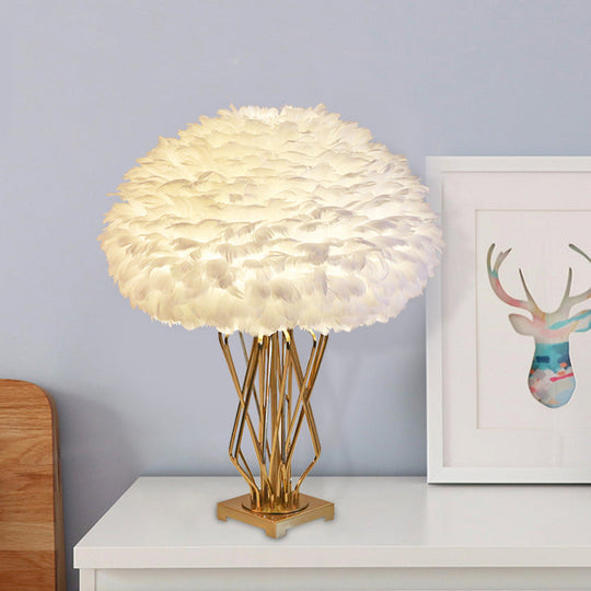 Feather Half-Globe Table Lamp - Post-Modern White Brass Night Light With Open Urn Base