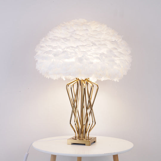 Feather Half-Globe Table Lamp - Post-Modern White Brass Night Light With Open Urn Base