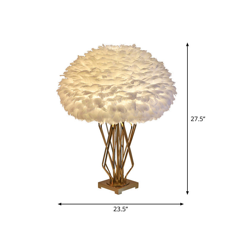 Rasalas - Feather Half-Globe Feather Table Lamp Post-Modern Single White and Brass Night Light with Open Urn Shaped Base