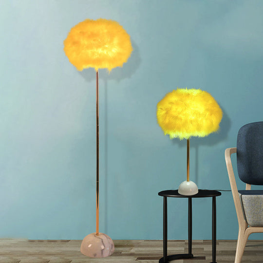 Yellow Hand-Woven Feather Sphere Floor Lamp - Nordic Style 1 Head Standing Light