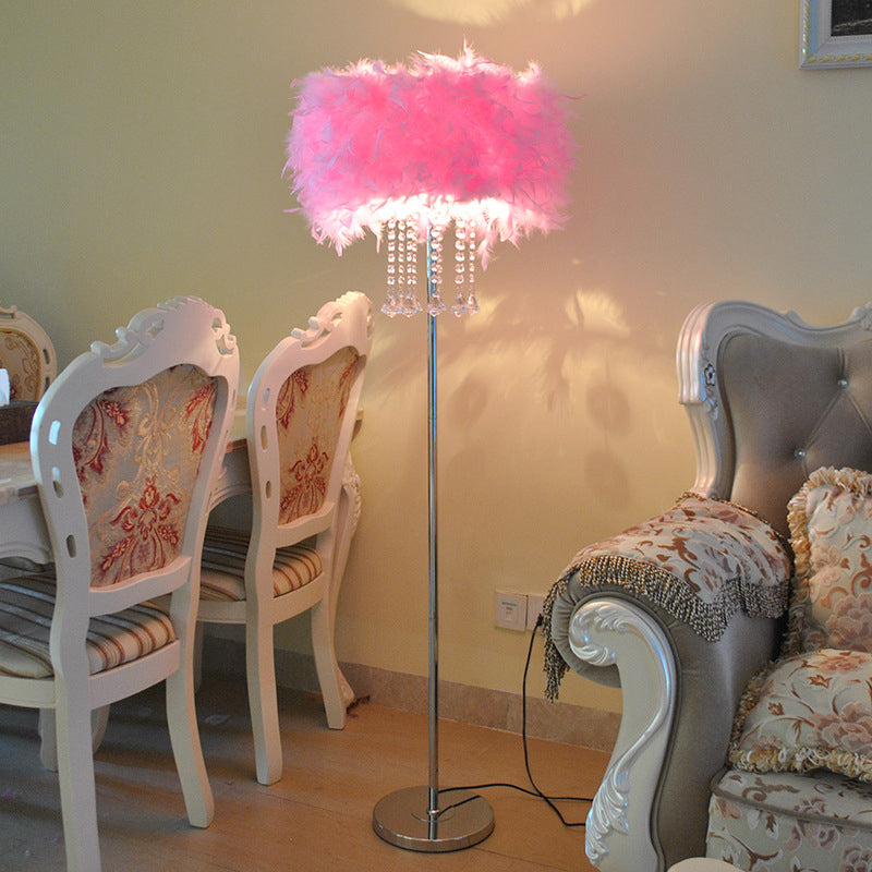 Modernist Drum Dining Room Floor Lamp In Pink/White/Purple With Crystal Draping