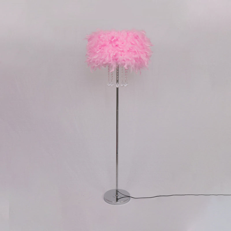 Modernist Drum Dining Room Floor Lamp In Pink/White/Purple With Crystal Draping