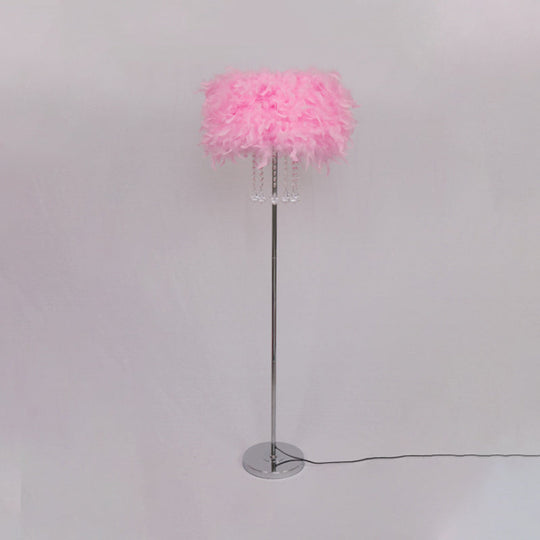 Modernist Drum Dining Room Floor Lamp In Pink/White/Purple With Crystal Draping