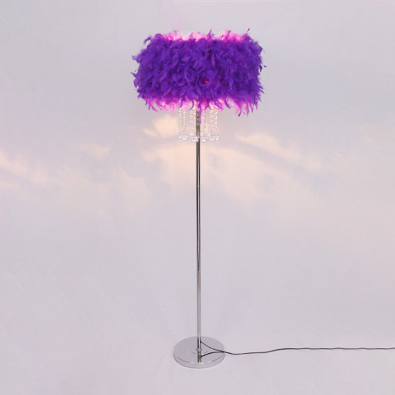 Modernist Drum Dining Room Floor Lamp In Pink/White/Purple With Crystal Draping