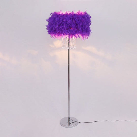 Modernist Drum Dining Room Floor Lamp In Pink/White/Purple With Crystal Draping