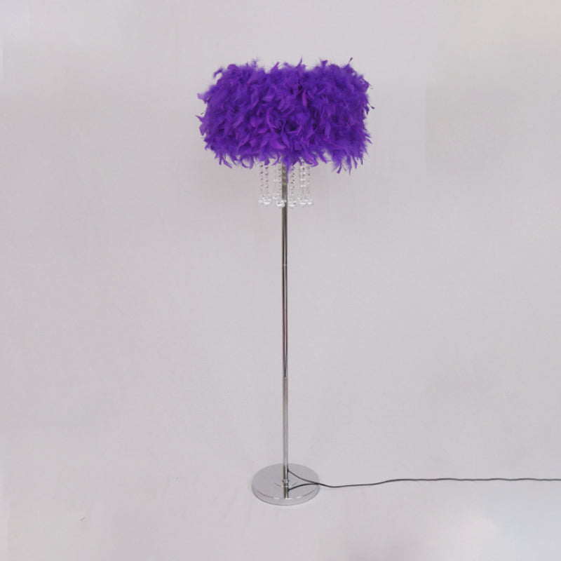 Modernist Drum Dining Room Floor Lamp In Pink/White/Purple With Crystal Draping