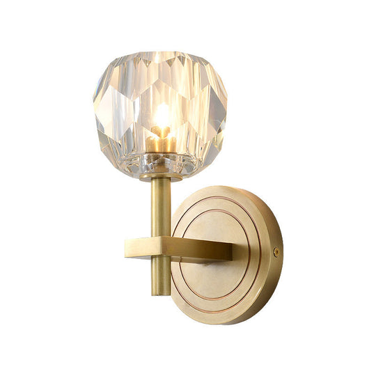 Postmodern Water Glass/Cut Crystal 1-Bulb Gold Wall Sconce Lamp - Cylinder/Ball Shape For Living