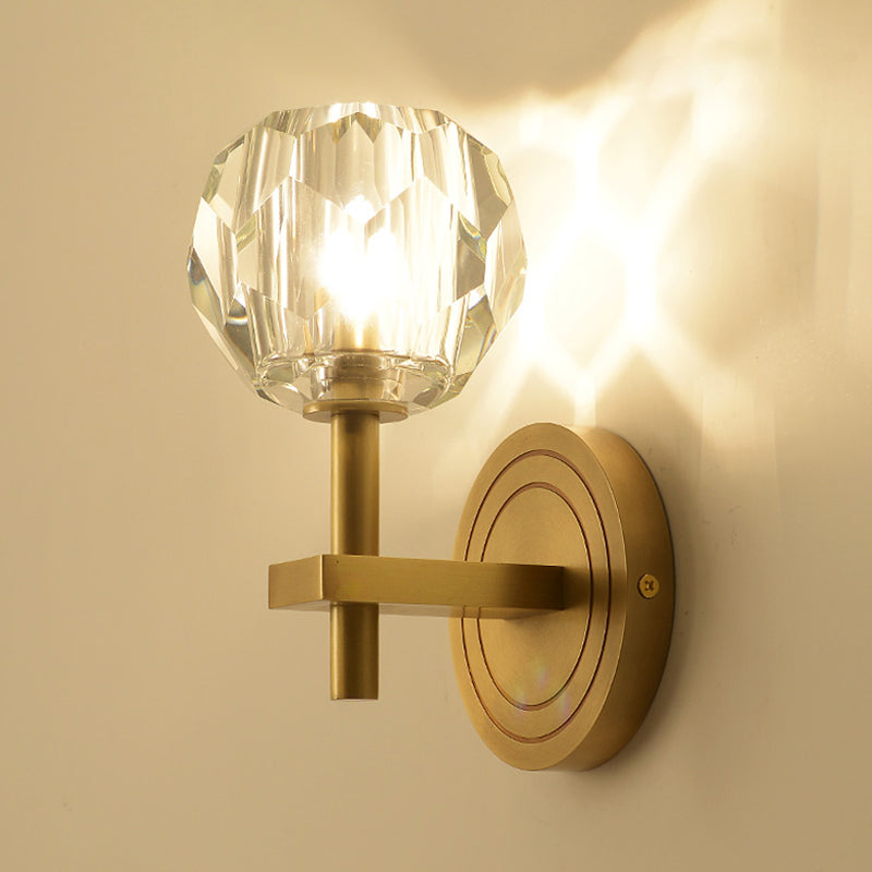 Postmodern Water Glass/Cut Crystal 1-Bulb Gold Wall Sconce Lamp - Cylinder/Ball Shape For Living