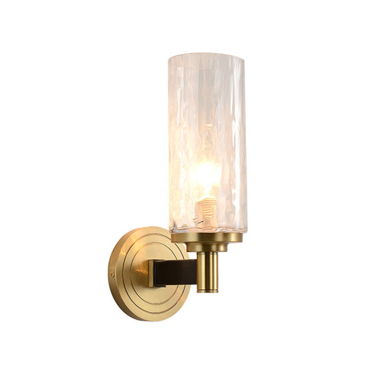 Postmodern Water Glass/Cut Crystal 1-Bulb Gold Wall Sconce Lamp - Cylinder/Ball Shape For Living