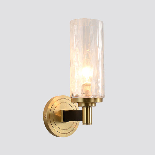 Postmodern Water Glass/Cut Crystal 1-Bulb Gold Wall Sconce Lamp - Cylinder/Ball Shape For Living