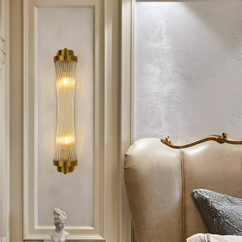 Postmodern Gold Wall Sconce With Clear Fluted Glass - 2 Lights Tubular Design