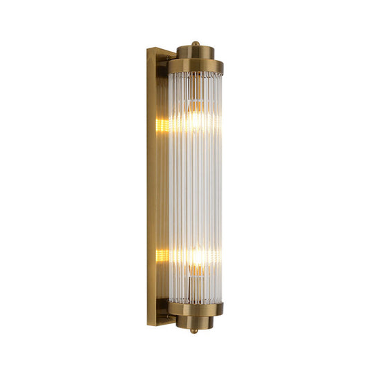 Postmodern Gold Wall Sconce With Clear Fluted Glass - 2 Lights Tubular Design