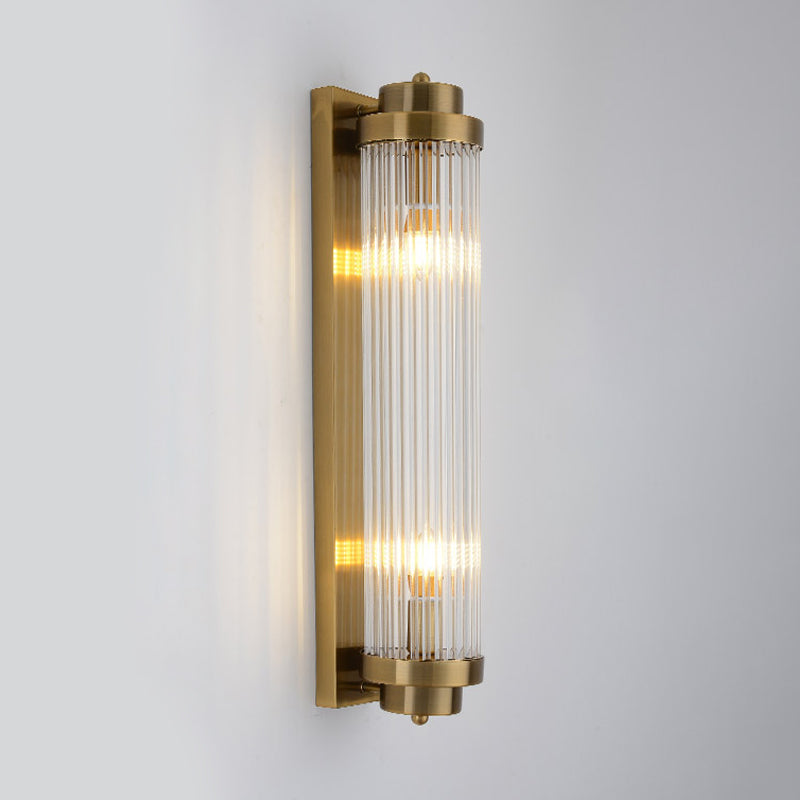 Postmodern Gold Wall Sconce With Clear Fluted Glass - 2 Lights Tubular Design