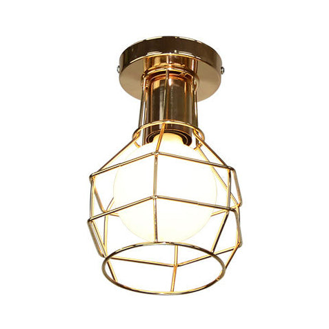 Stylish Antique Wire Guard Semi Mount Ceiling Light - 1 Head - White/Gold - Corridor