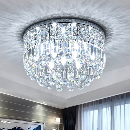 Modern Nickel Flush Mount Ceiling Light with 9-Bulb Crystal Fixture