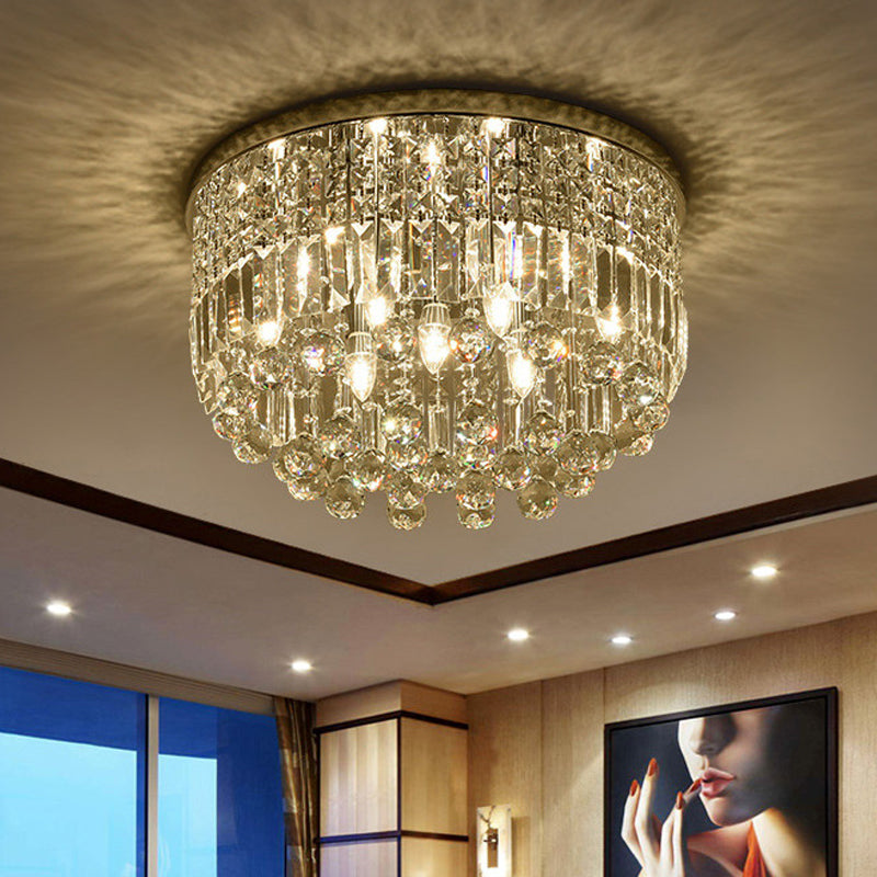 Modern Nickel Flush Mount Ceiling Light with 9-Bulb Crystal Fixture