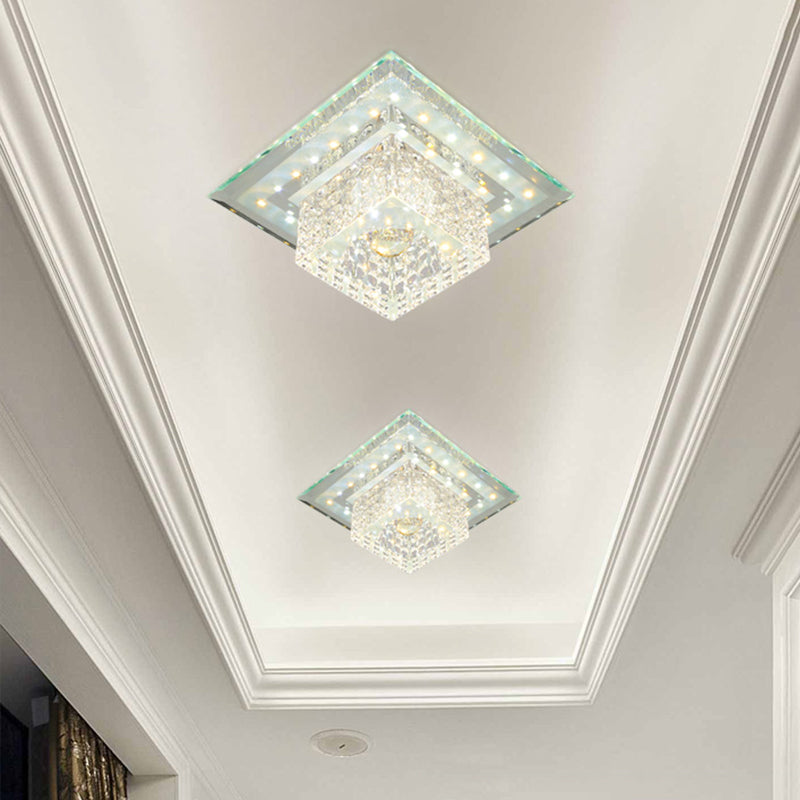 Square Crystal LED Flush Mount Ceiling Lamp in Chrome for Simplicity and Elegance