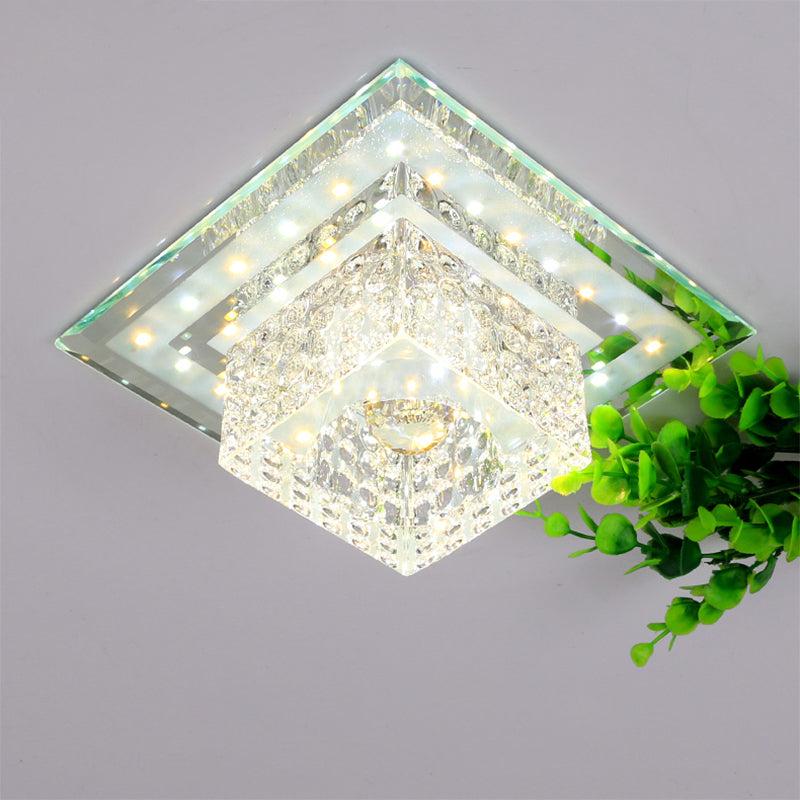 Square Crystal LED Flush Mount Ceiling Lamp in Chrome for Simplicity and Elegance