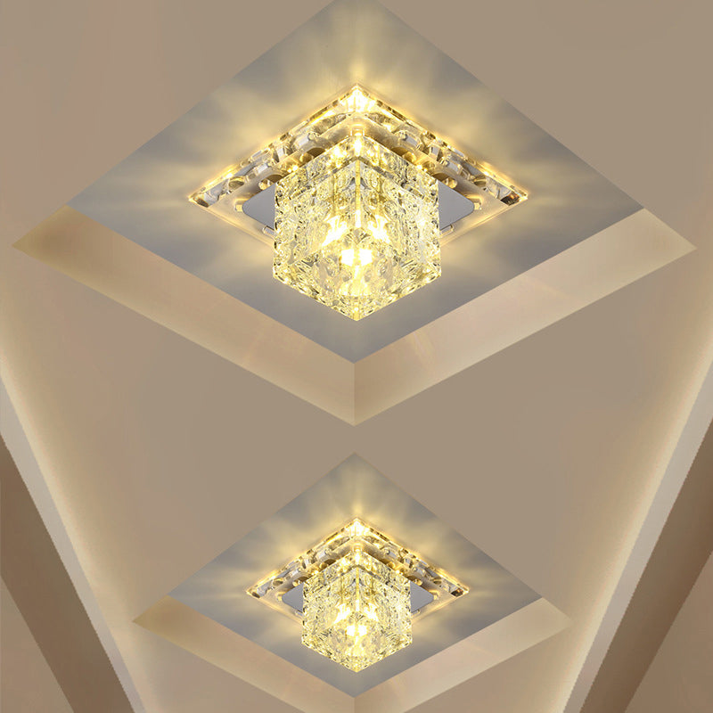 Contemporary Cube Crystal LED Flush Mount Ceiling Light in Chrome for Hallways