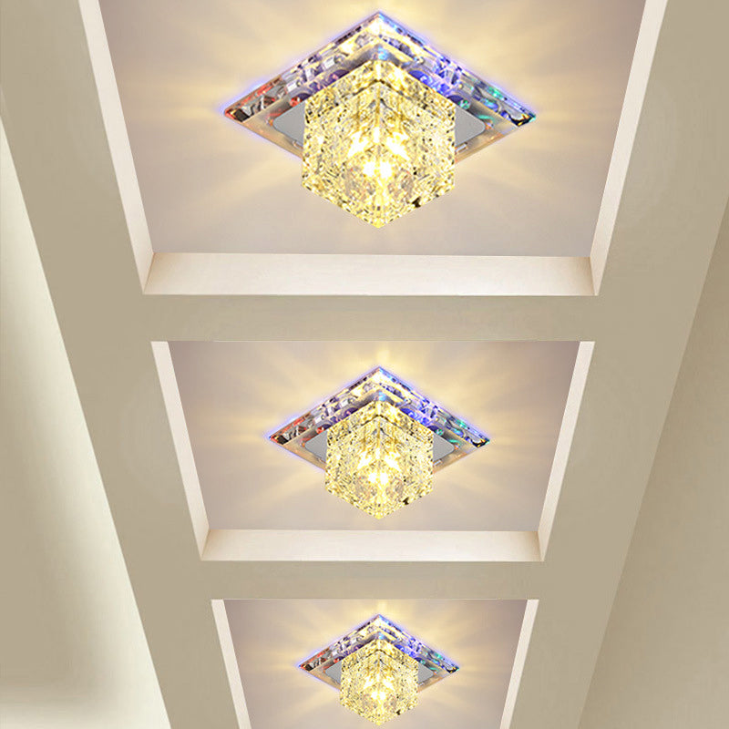 Contemporary Cube Crystal LED Flush Mount Ceiling Light in Chrome for Hallways