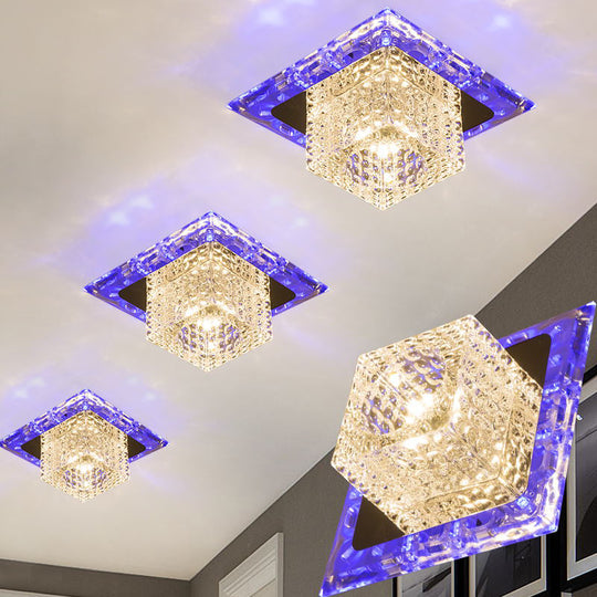 Sleek LED Porch Flush Mount Ceiling Fixture with Chrome Finish and Crystal Cube Shade