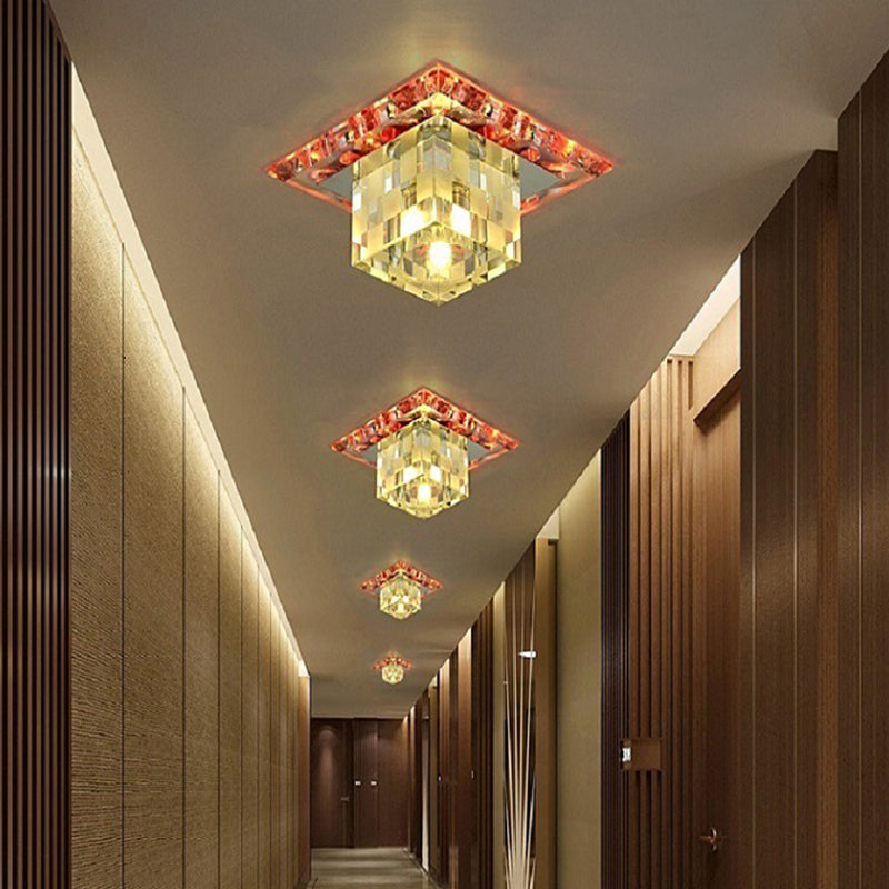 Modern Chrome Cube Ceiling Light with Faceted Crystal Shade and LED Flush Mount