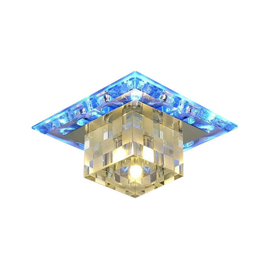 Modern Chrome Cube Ceiling Light with Faceted Crystal Shade and LED Flush Mount